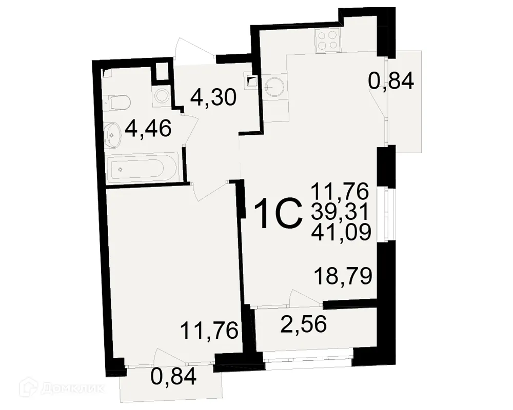 Планировка 1-комнатной квартиры 41.09 м² в ЖК Аура, г. Рязань — фото 1