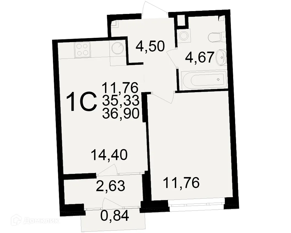 Планировка 1-комнатной квартиры 36.9 м² в ЖК Аура, г. Рязань — фото 1