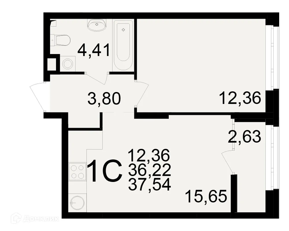 Планировка 1-комнатной квартиры 37.54 м² в ЖК Аура, г. Рязань — фото 1