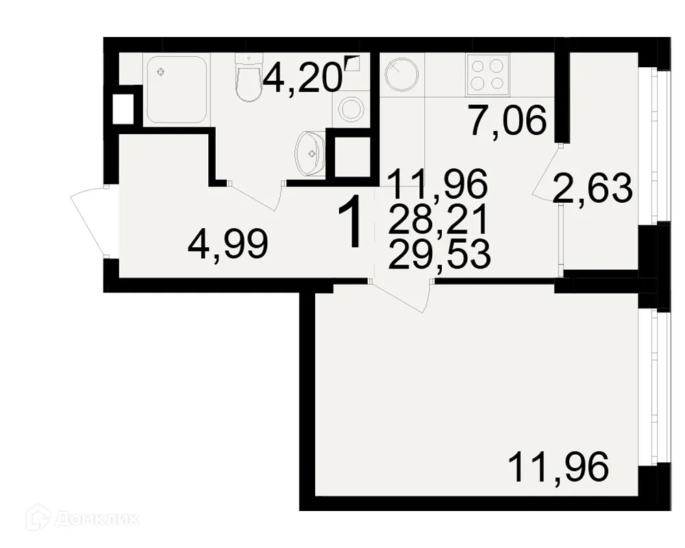 Планировка 1-комнатной квартиры 29.53 м² в ЖК Аура, г. Рязань — фото 1
