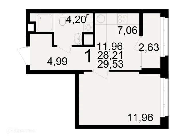 Планировка 1 комн. в ЖК Аура