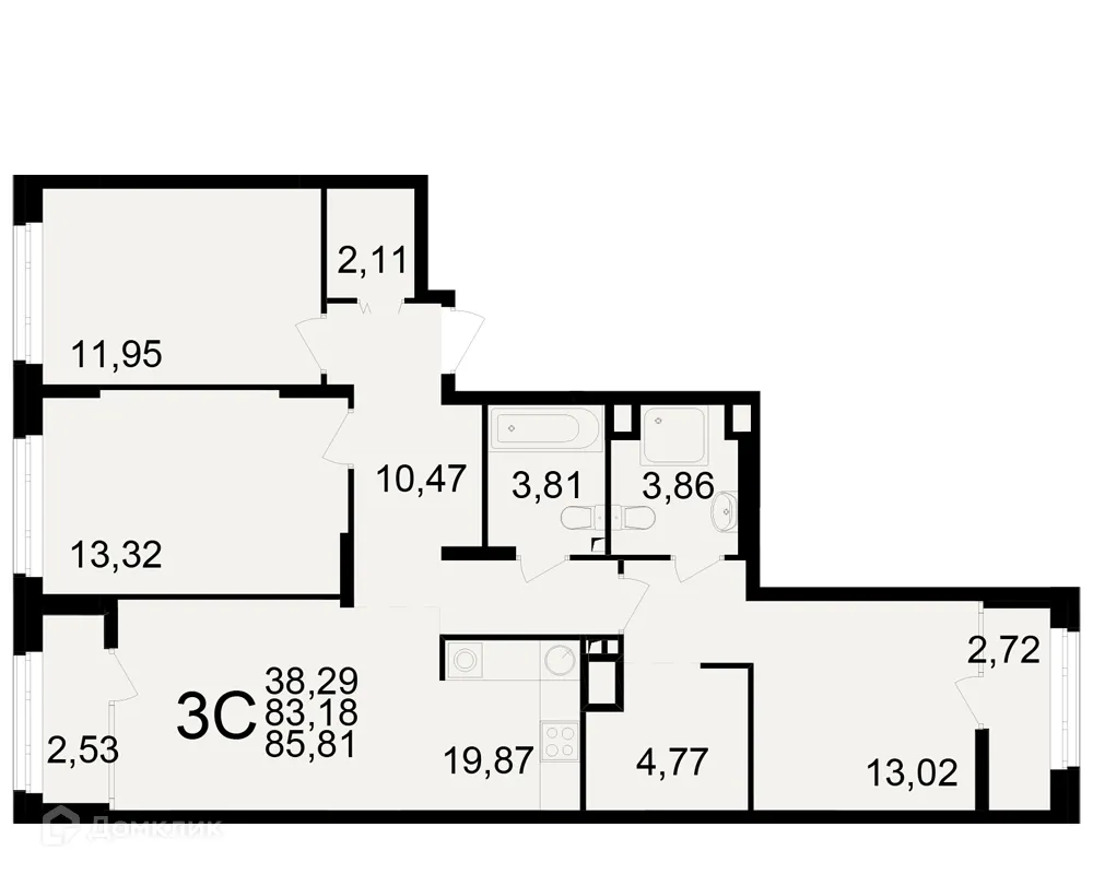 Планировка 3-комнатной квартиры 85.81 м² в ЖК Аура, г. Рязань — фото 1