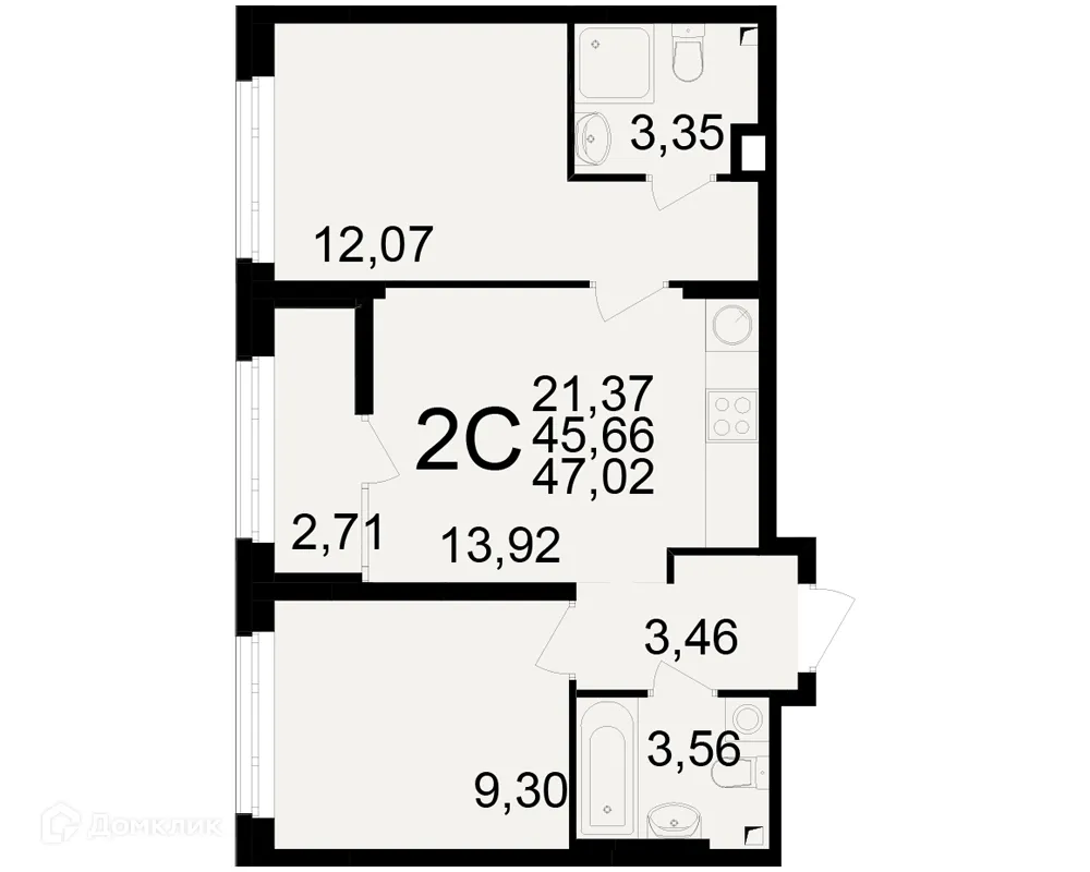 Планировка 2-комнатной квартиры 47.02 м² в ЖК Аура, г. Рязань — фото 1