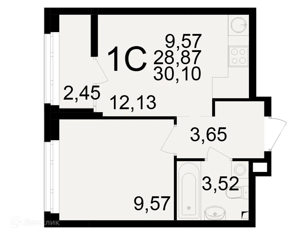 Планировка 1-комнатной квартиры 30.1 м² в ЖК Аура, г. Рязань — фото 1