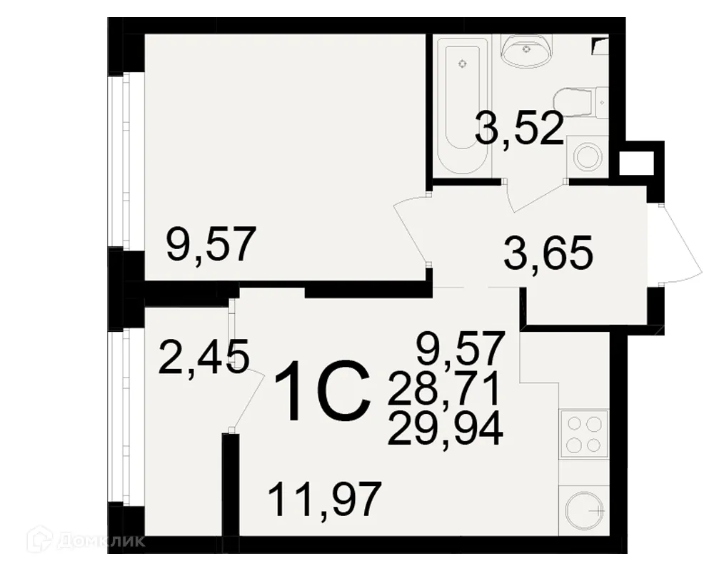 Планировка 1-комнатной квартиры 29.94 м² в ЖК Аура, г. Рязань — фото 1