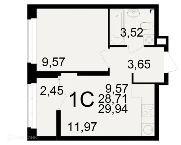 Планировка 1 комн. в ЖК Аура