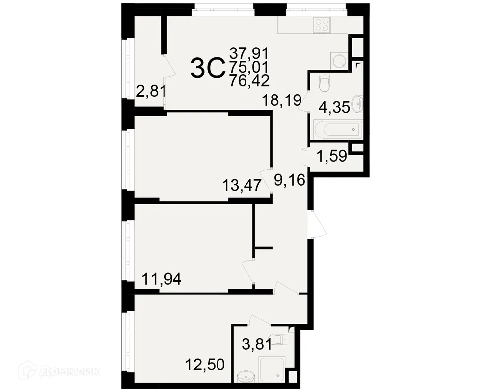 Планировка 3-комнатной квартиры 76.42 м² в ЖК Аура, г. Рязань — фото 1
