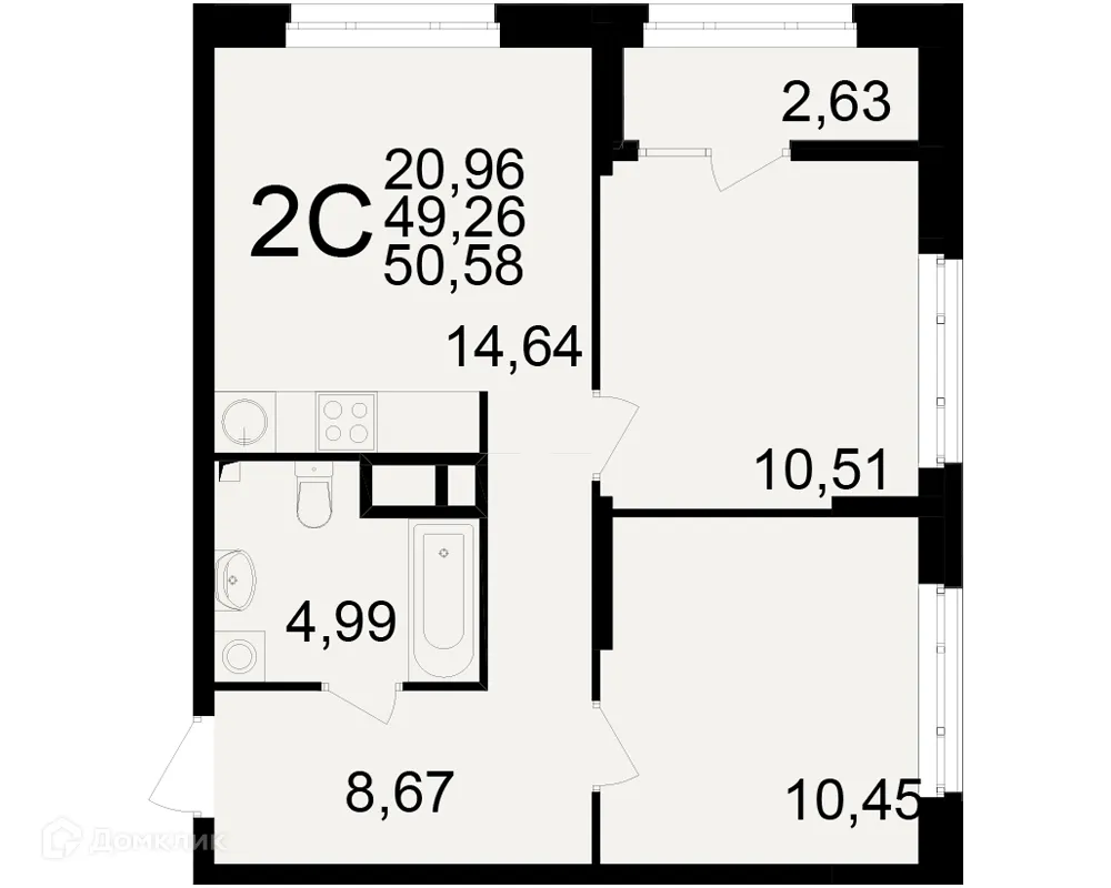 Планировка 2-комнатной квартиры 50.58 м² в ЖК Аура, г. Рязань — фото 1