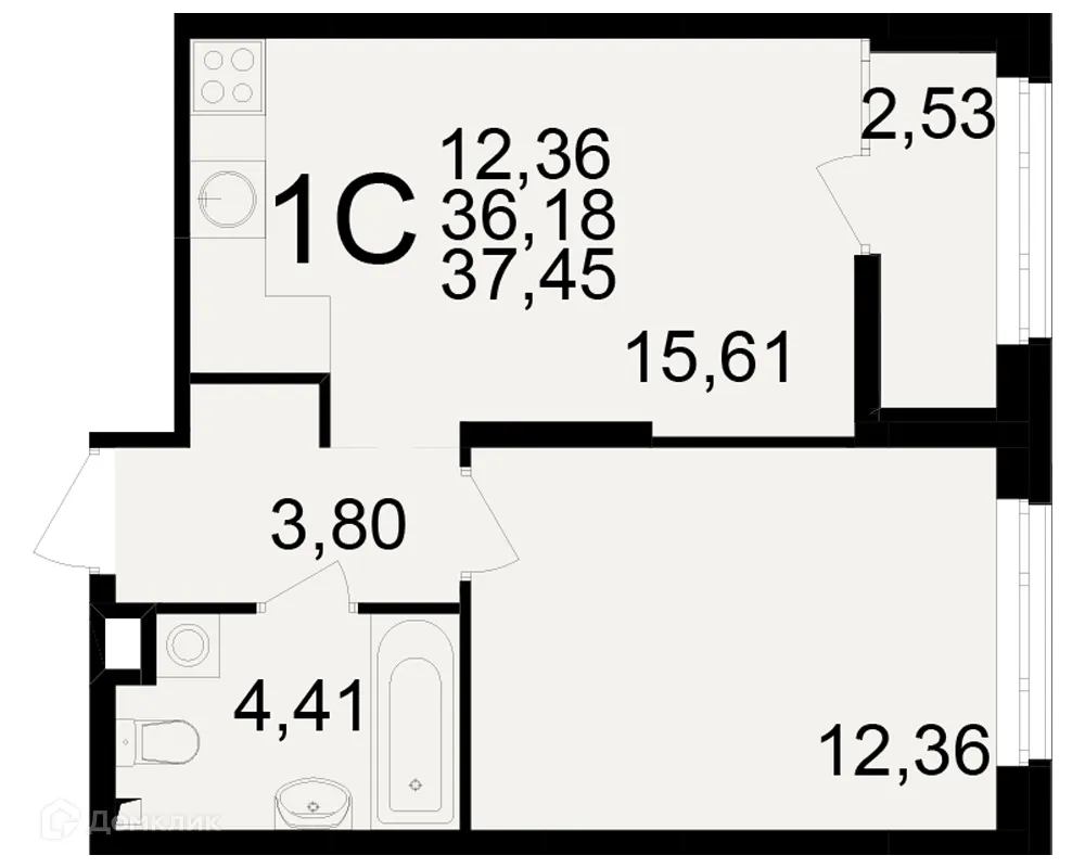 Планировка 1-комнатной квартиры 37.45 м² в ЖК Аура, г. Рязань — фото 1