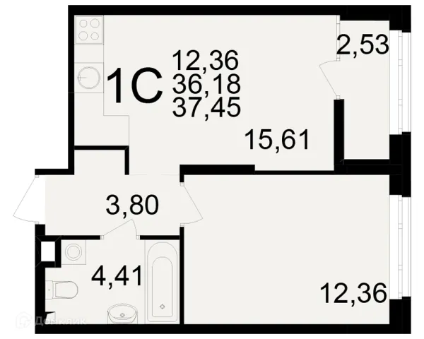 Планировка 1 комн. в ЖК Аура