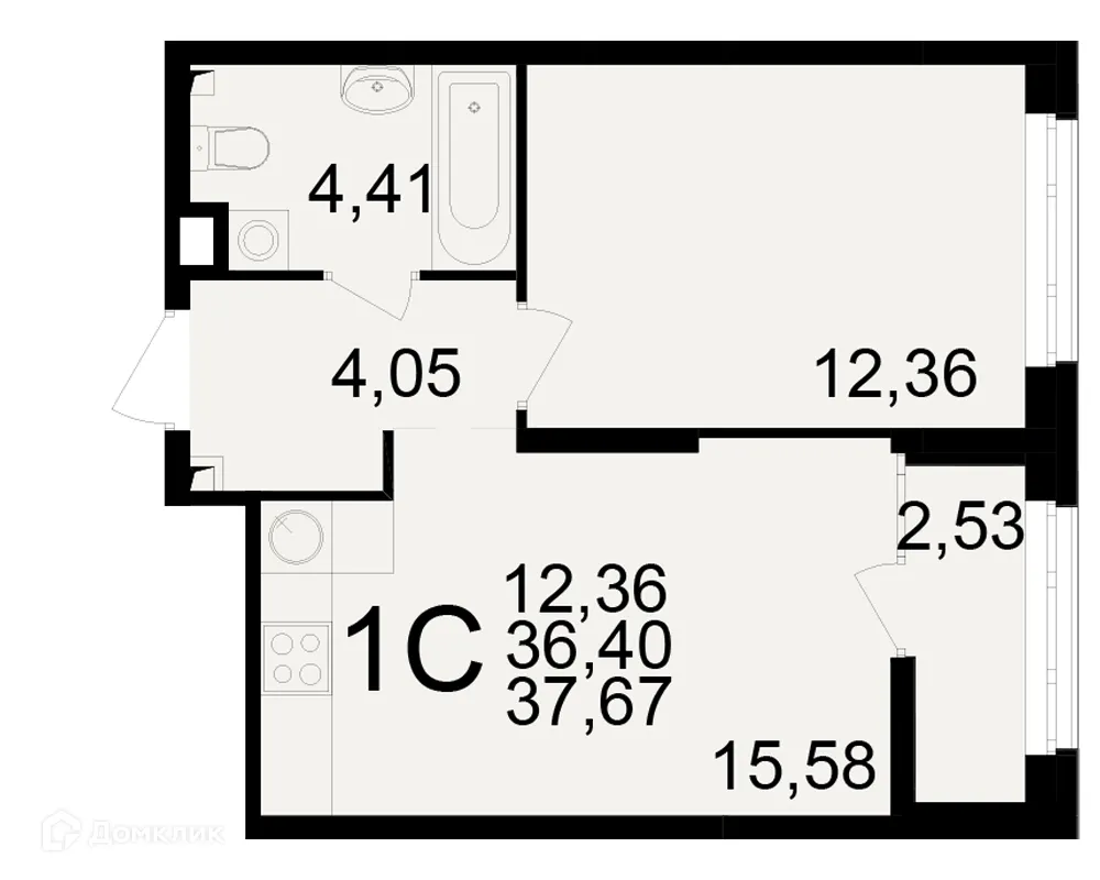 Планировка 1-комнатной квартиры 37.67 м² в ЖК Аура, г. Рязань — фото 1