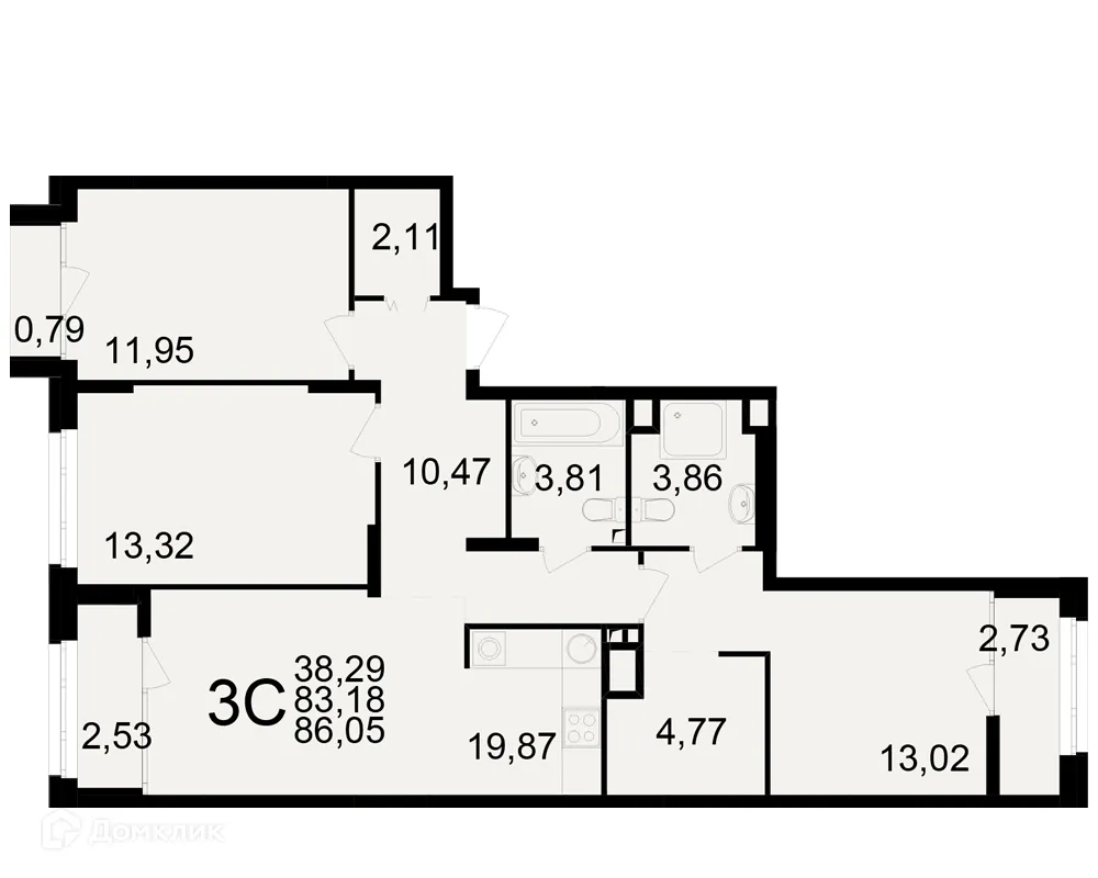 Планировка 3-комнатной квартиры 86.05 м² в ЖК Аура, г. Рязань — фото 1
