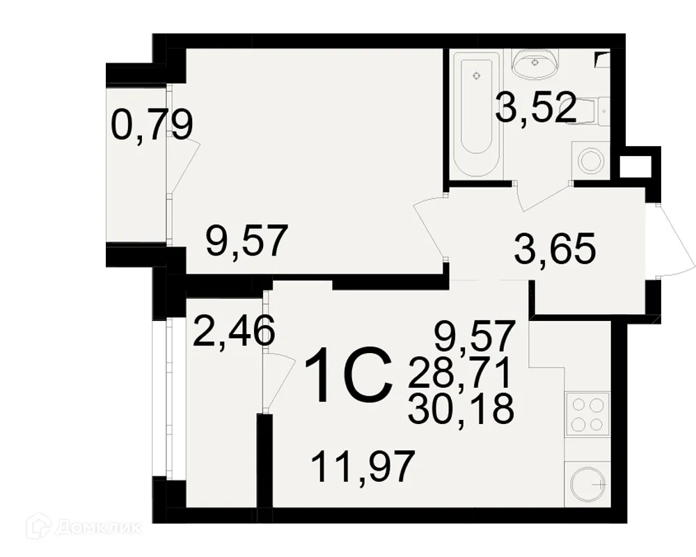 Планировка 1-комнатной квартиры 30.18 м² в ЖК Аура, г. Рязань — фото 1