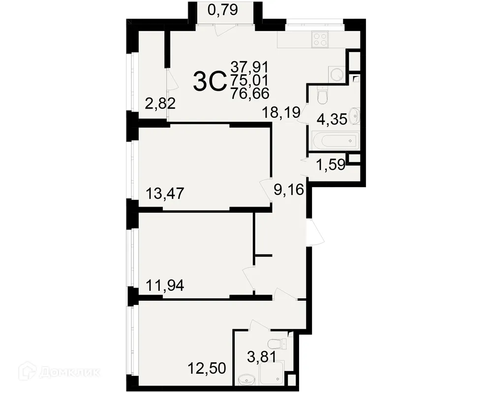 Планировка 3-комнатной квартиры 76.66 м² в ЖК Аура, г. Рязань — фото 1