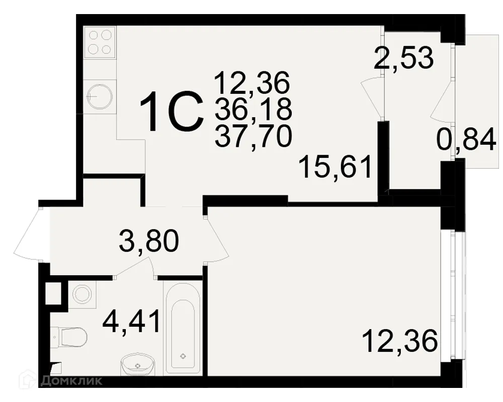Планировка 1-комнатной квартиры 37.7 м² в ЖК Аура, г. Рязань — фото 1
