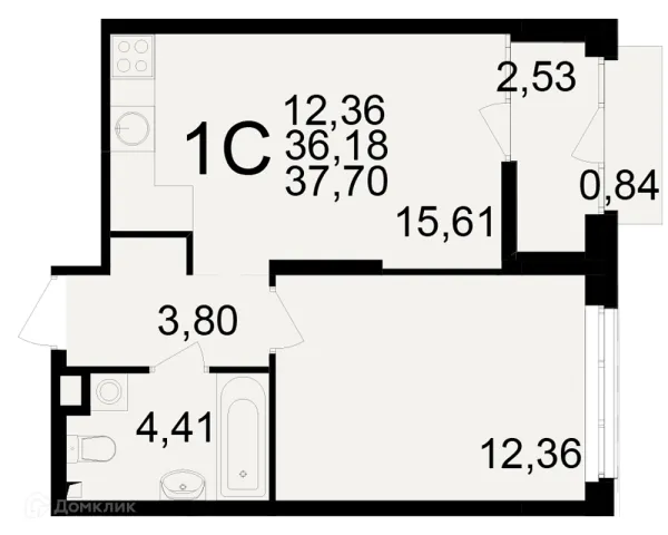 Планировка 1 комн. в ЖК Аура