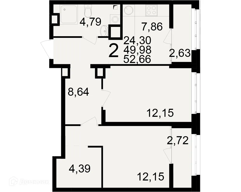 Планировка 2-комнатной квартиры 52.66 м² в ЖК Аура, г. Рязань — фото 1