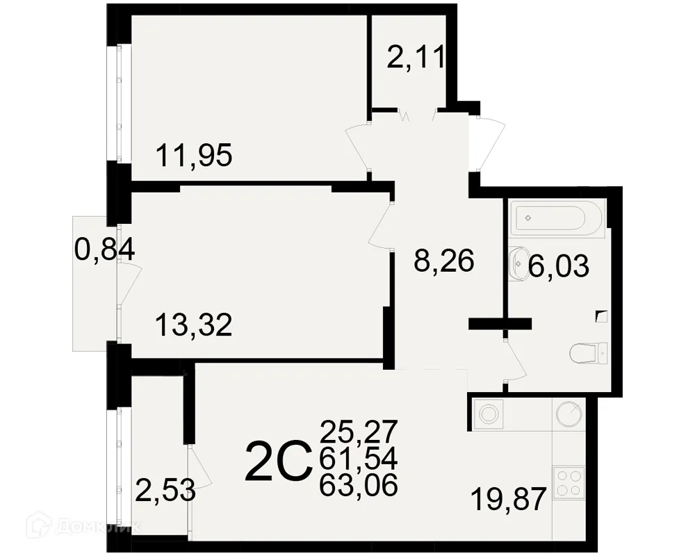 Планировка 2-комнатной квартиры 63.06 м² в ЖК Аура, г. Рязань — фото 1