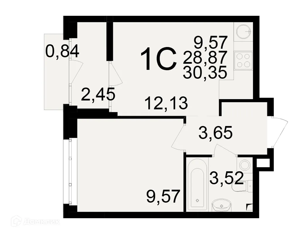 Планировка 1-комнатной квартиры 30.35 м² в ЖК Аура, г. Рязань — фото 1