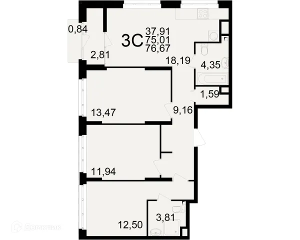 Планировка 3 комн. в ЖК Аура