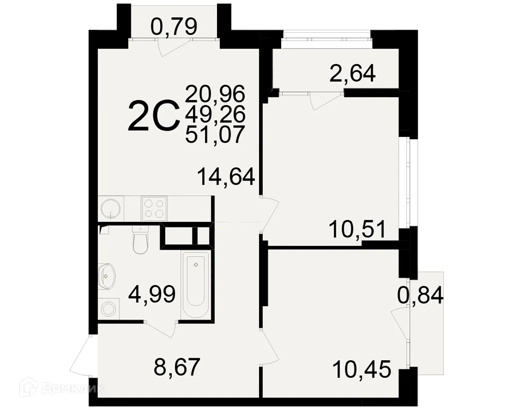 Планировка 2-комнатной квартиры 51.07 м² в ЖК Аура, г. Рязань — фото 1