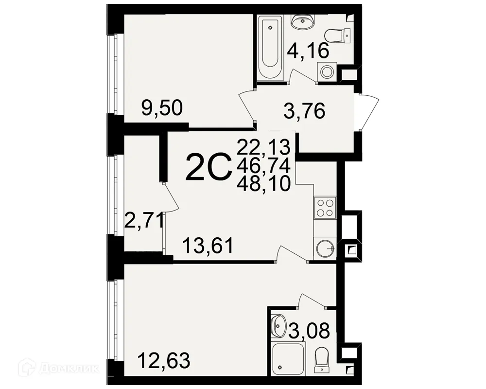 Планировка 2-комнатной квартиры 48.1 м² в ЖК Аура, г. Рязань — фото 1