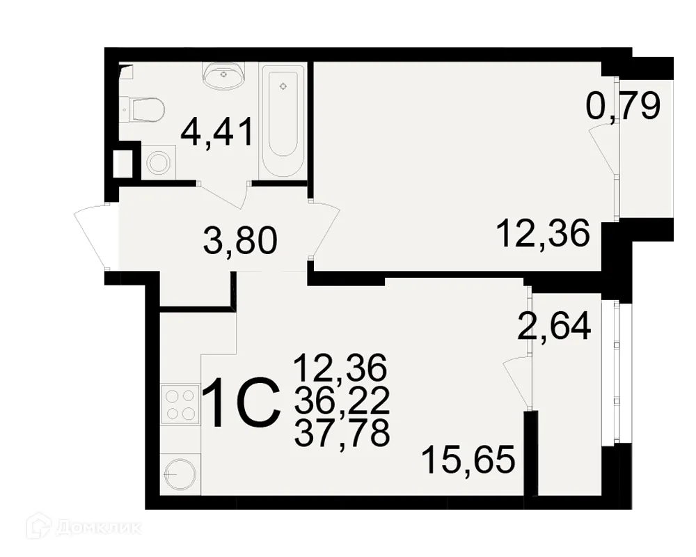 Планировка 1-комнатной квартиры 37.78 м² в ЖК Аура, г. Рязань — фото 1