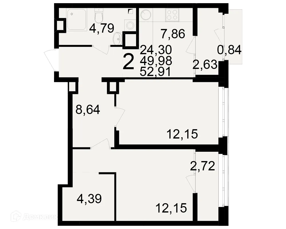 Планировка 2-комнатной квартиры 52.91 м² в ЖК Аура, г. Рязань — фото 1