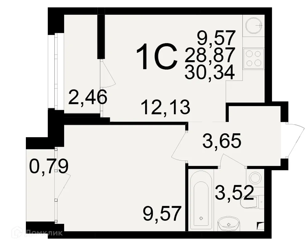 Планировка 1-комнатной квартиры 30.34 м² в ЖК Аура, г. Рязань — фото 1