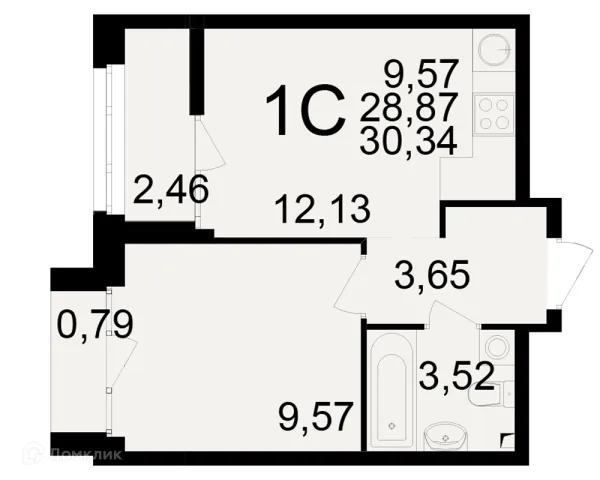 Планировка 1 комн. в ЖК Аура