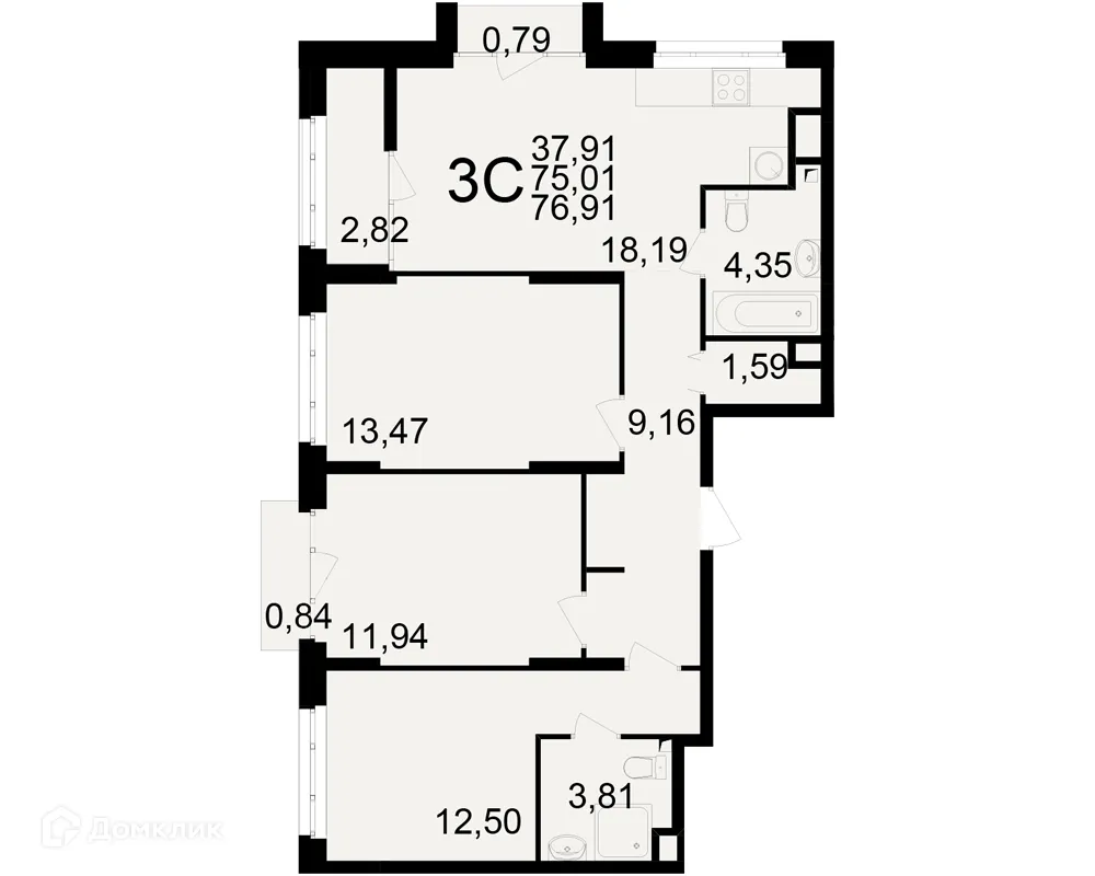 Планировка 3-комнатной квартиры 76.91 м² в ЖК Аура, г. Рязань — фото 1