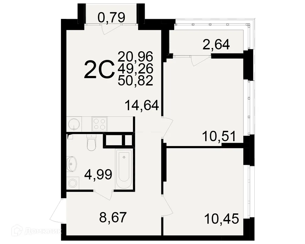Планировка 2-комнатной квартиры 50.82 м² в ЖК Аура, г. Рязань — фото 1