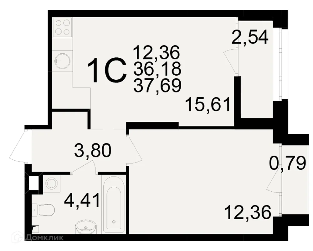Планировка 1-комнатной квартиры 37.69 м² в ЖК Аура, г. Рязань — фото 1