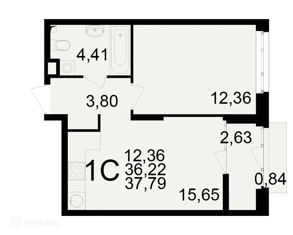 Планировка 1-комнатной квартиры 37.79 м² в ЖК Аура, г. Рязань — фото 1
