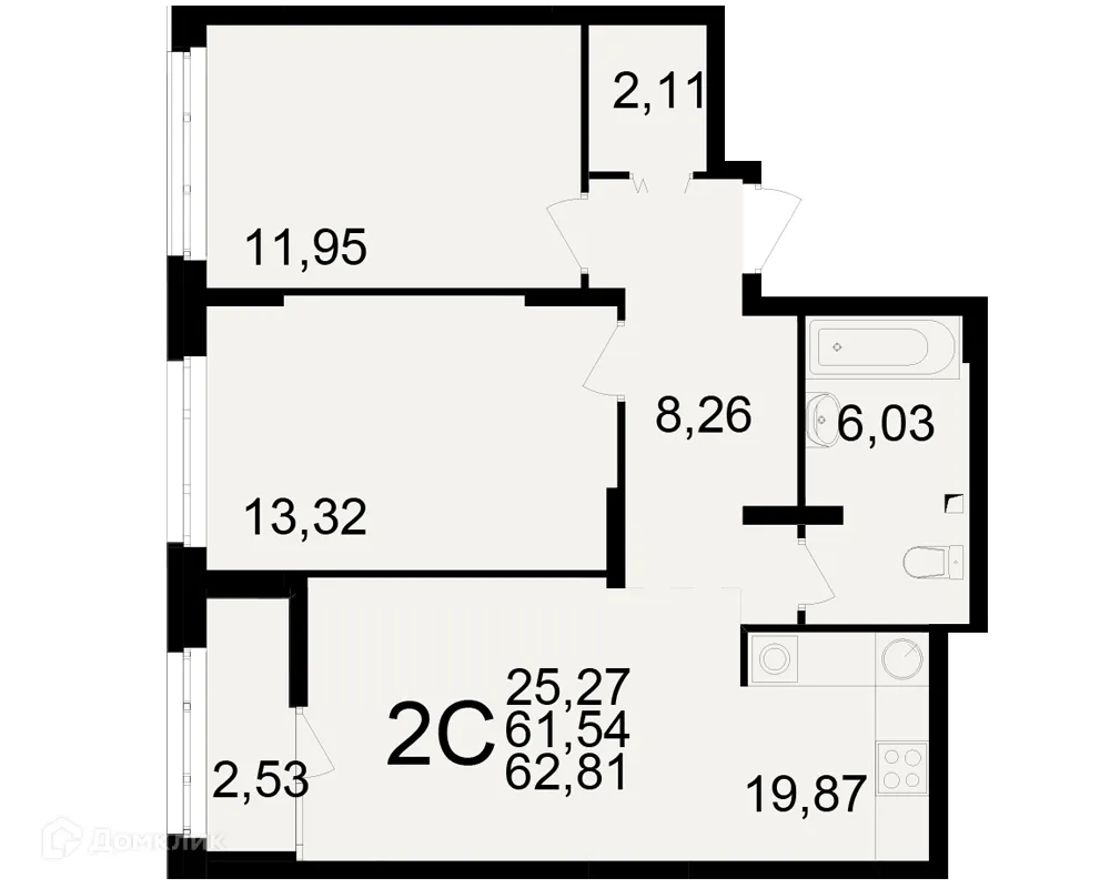 Планировка 2-комнатной квартиры 62.81 м² в ЖК Аура, г. Рязань — фото 1