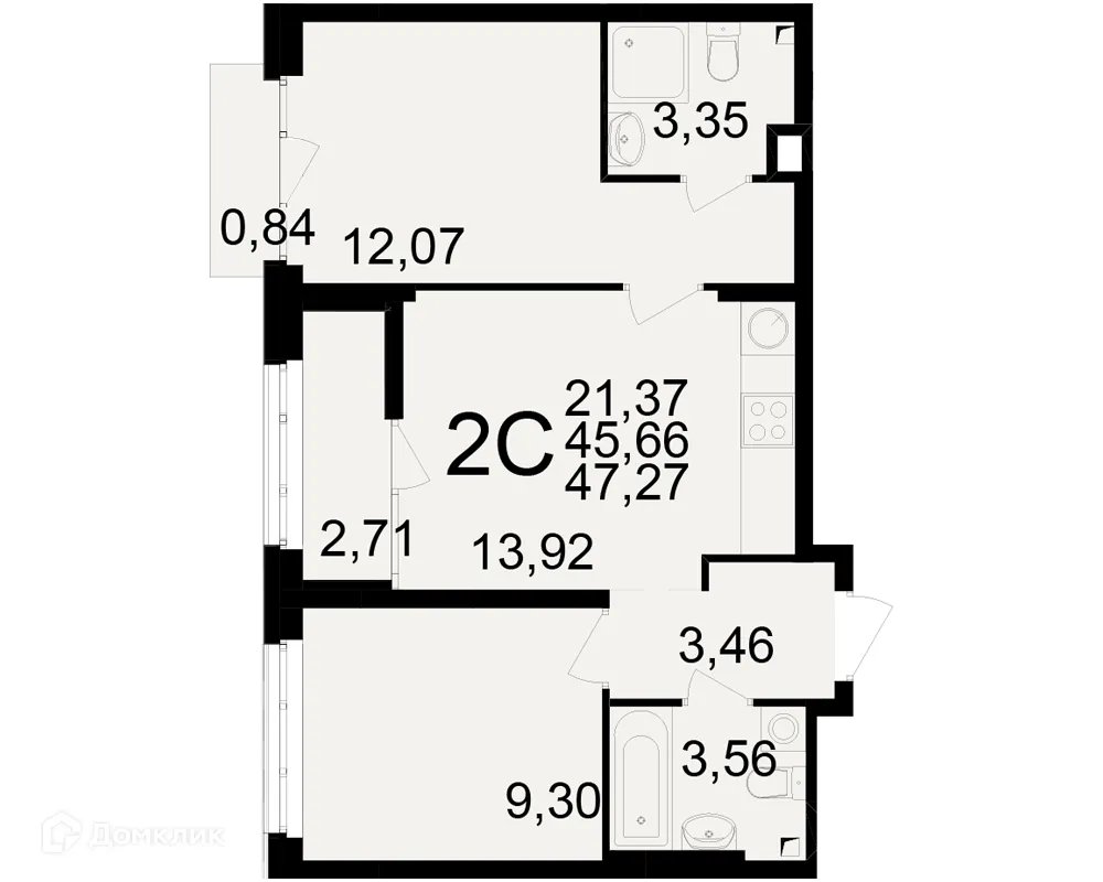 Планировка 2-комнатной квартиры 47.27 м² в ЖК Аура, г. Рязань — фото 1