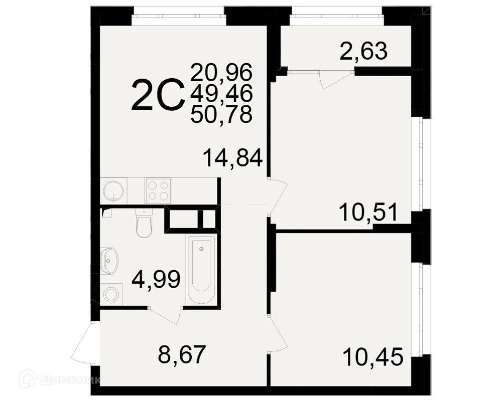 Планировка 2-комнатной квартиры 50.78 м² в ЖК Аура, г. Рязань — фото 1