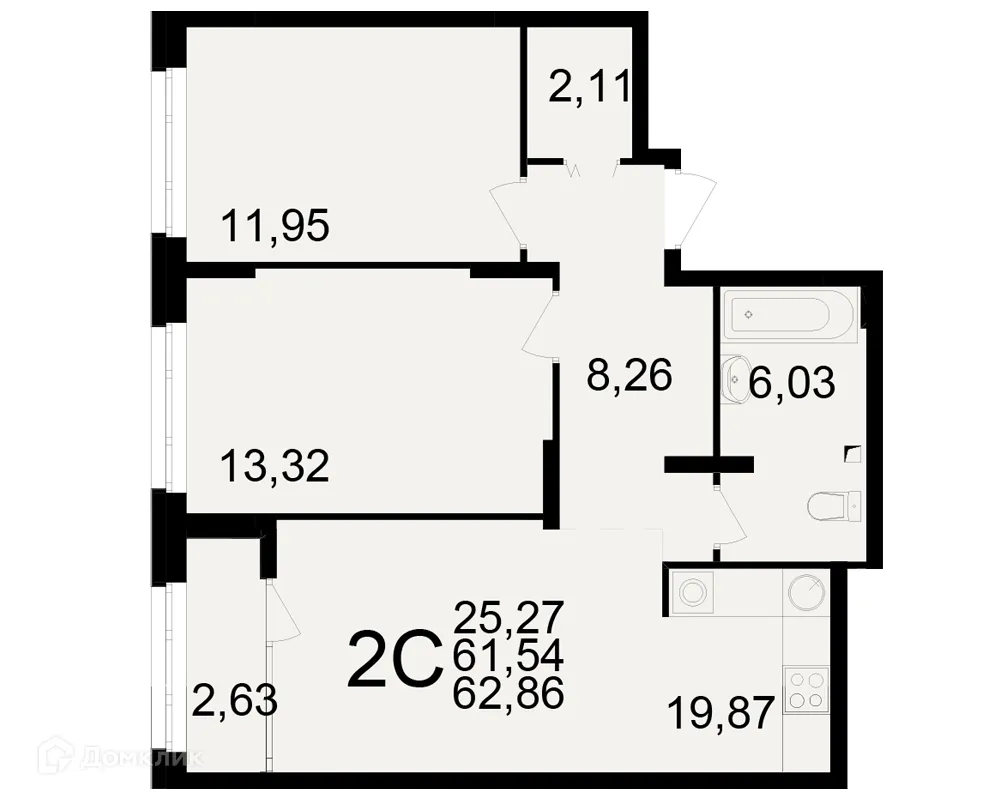 Планировка 2-комнатной квартиры 62.86 м² в ЖК Аура, г. Рязань — фото 1