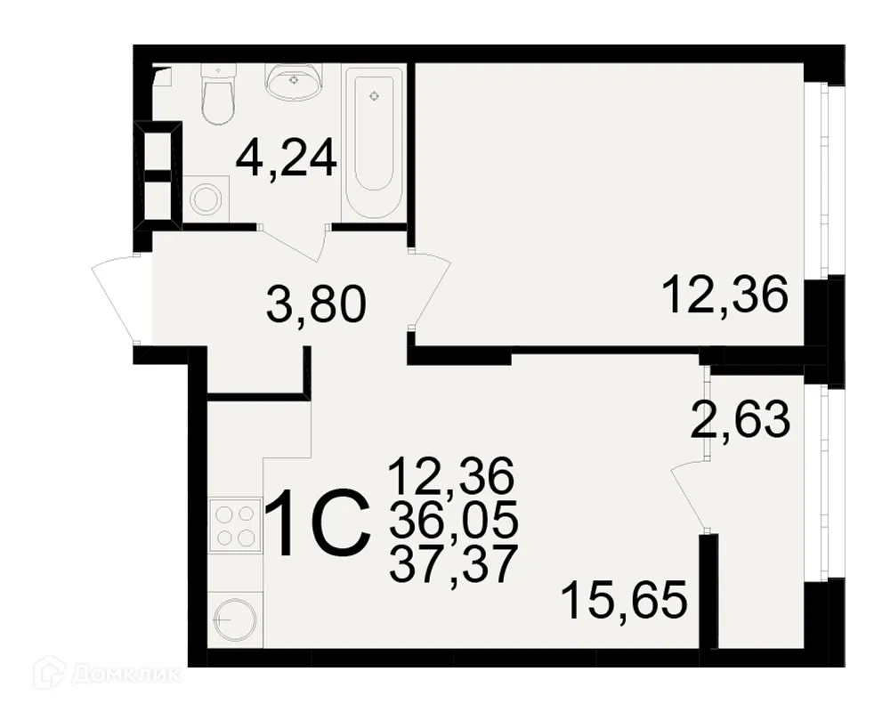 Планировка 1-комнатной квартиры 37.37 м² в ЖК Аура, г. Рязань — фото 1