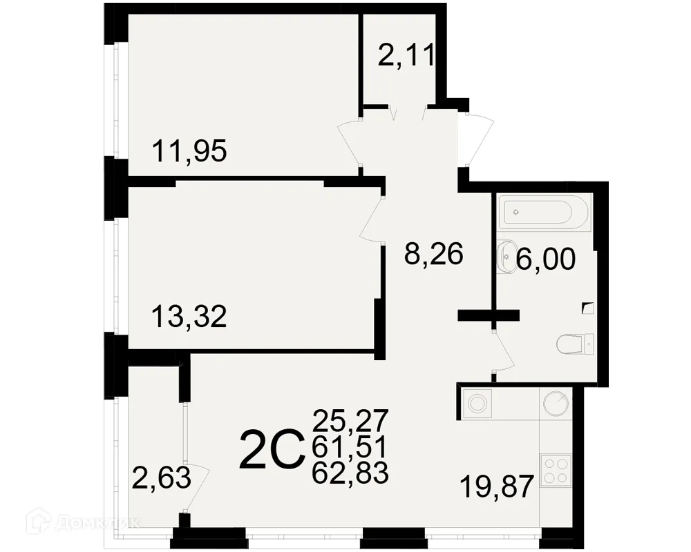 Планировка 2-комнатной квартиры 62.83 м² в ЖК Аура, г. Рязань — фото 1
