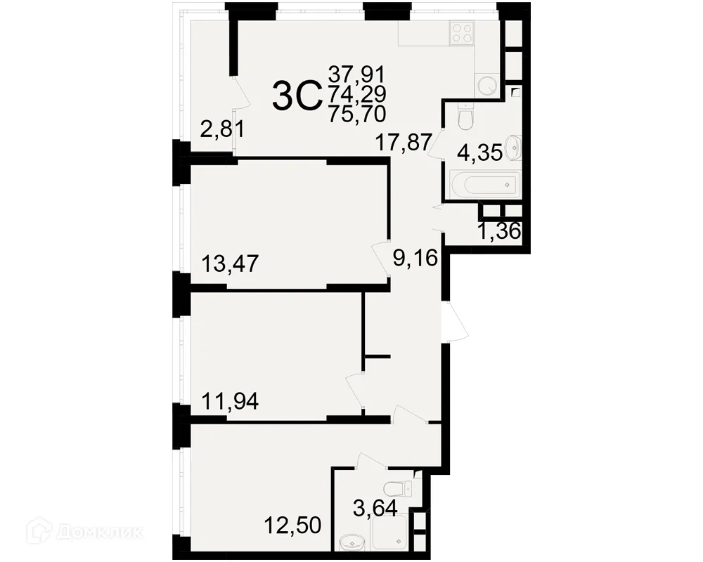 Планировка 3-комнатной квартиры 75.7 м² в ЖК Аура, г. Рязань — фото 1