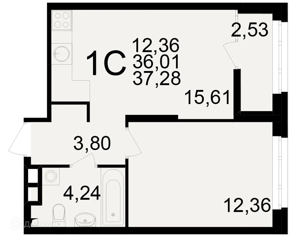 Планировка 1-комнатной квартиры 37.28 м² в ЖК Аура, г. Рязань — фото 1