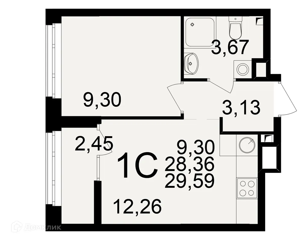 Планировка 1-комнатной квартиры 29.59 м² в ЖК Аура, г. Рязань — фото 1