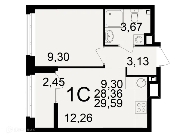 Планировка 1 комн. в ЖК Аура