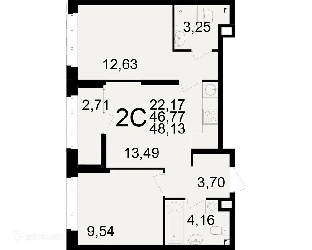 Планировка 2-комнатной квартиры 48.13 м² в ЖК Аура, г. Рязань — фото 1