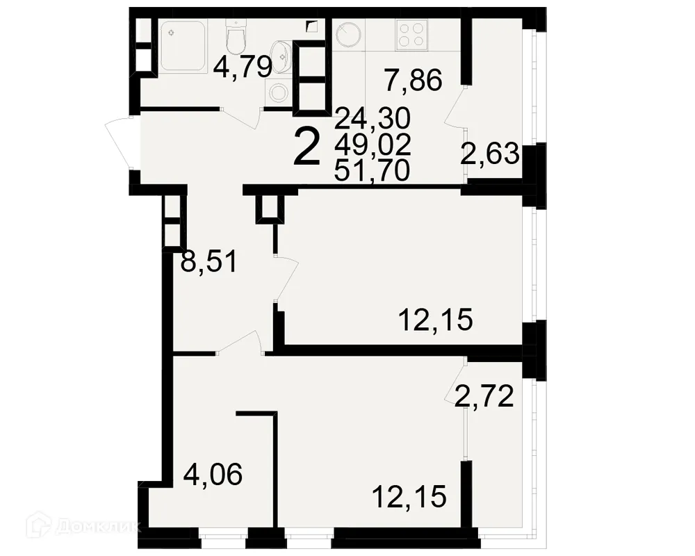 Планировка 2-комнатной квартиры 51.7 м² в ЖК Аура, г. Рязань — фото 1
