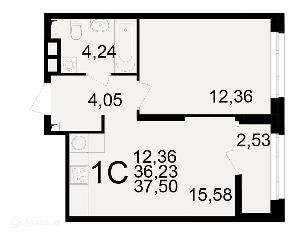 Планировка 1-комнатной квартиры 37.5 м² в ЖК Аура, г. Рязань — фото 1