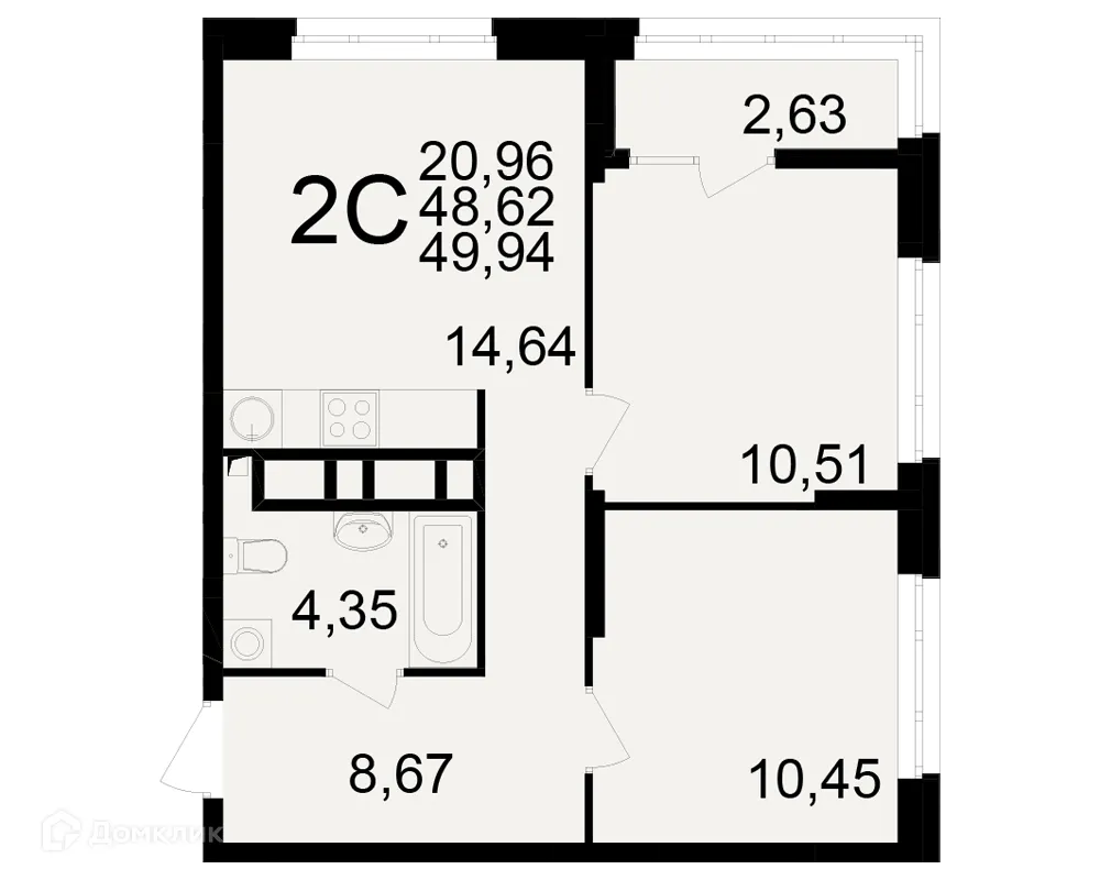 Планировка 2-комнатной квартиры 49.94 м² в ЖК Аура, г. Рязань — фото 1