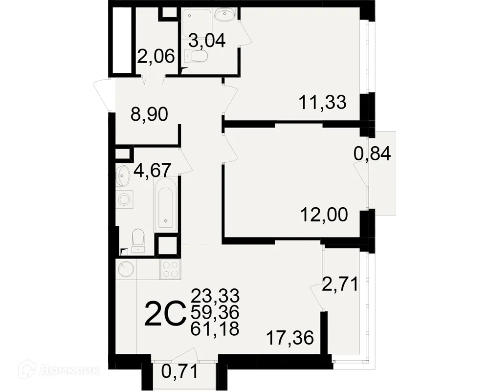 Планировка 2-комнатной квартиры 61.18 м² в ЖК Аура, г. Рязань — фото 1