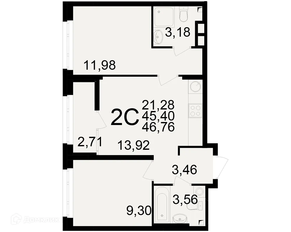 Планировка 2-комнатной квартиры 46.76 м² в ЖК Аура, г. Рязань — фото 1